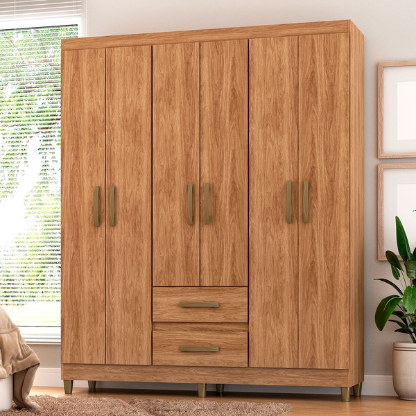 Guarda-Roupa Solteiro Essenza 6 Portas 2 Gavetas Mel - Pnr Móveis