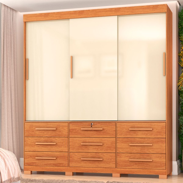 Guarda-Roupa Casal Rovere 3 Portas 9 Gavetas Cinamomo/Off White - Pnr Móveis
