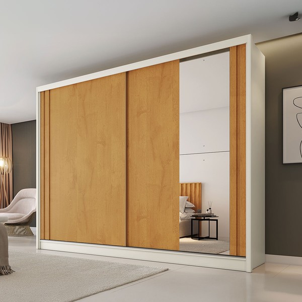 Guarda-Roupa Casal Monterey 2 Portas 4 Gavetas 100% Mdf com Espelho Off White/Peroba - Mademarques