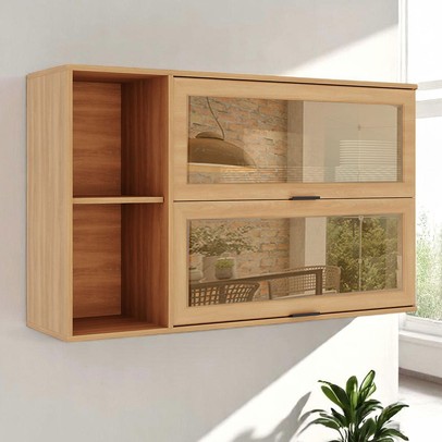 Armário Aéreo Cozinha Castanha 2 Portas com Vidro 915005 Cinza/Freijó - Telasul