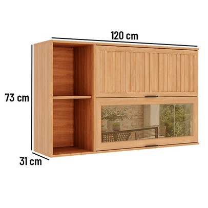 Armário Aéreo Cozinha Castanha 2 Portas com Vidro Ripado Freijó/Cinza - Telasul