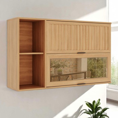 Armário Aéreo Cozinha Castanha 2 Portas com Vidro Ripado Freijó/Cinza - Telasul