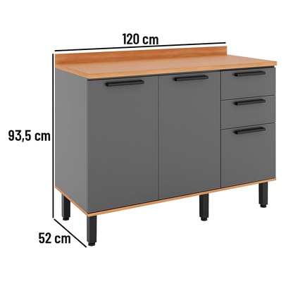 Balcão de Cozinha Castanha 3 Portas 2 Gavetas Cinza/Freijó - Telasul