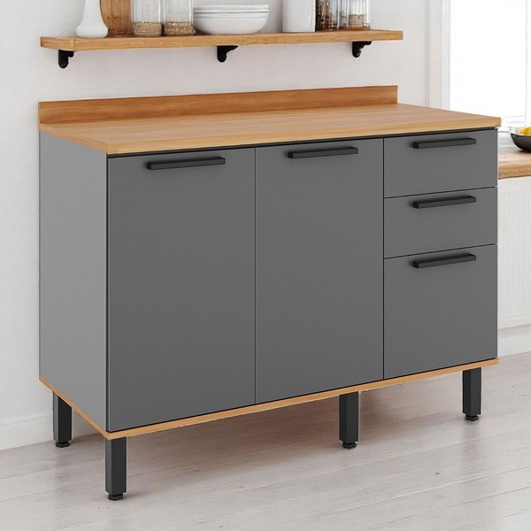 Balcão de Cozinha Castanha 3 Portas 2 Gavetas Cinza/Freijó - Telasul