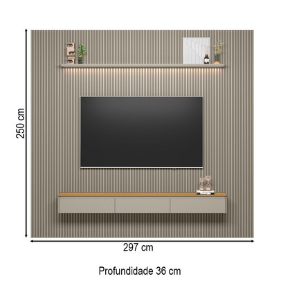 Painel para TV Até 85 Polegas 3 Portas 1 Prateleira Ripado Tauri/Gris Fosco 810010305 - Linea Brasil