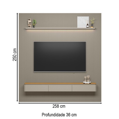 Painel para TV Até 85 Polegadas 3 Portas 1 Prateleira Ripado Tauri/Gris Fosco 810010304 - Linea Brasil