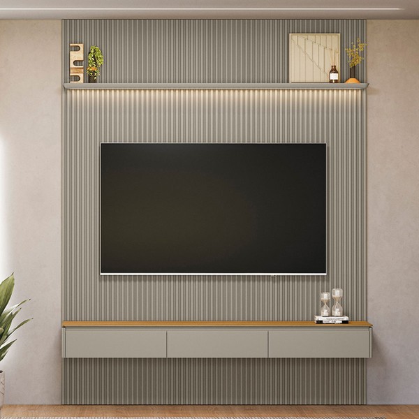 Painel para TV Até 85 Polegadas 3 Portas 1 Prateleira Ripado Tauri/Gris Fosco 810010303 - Linea Brasil