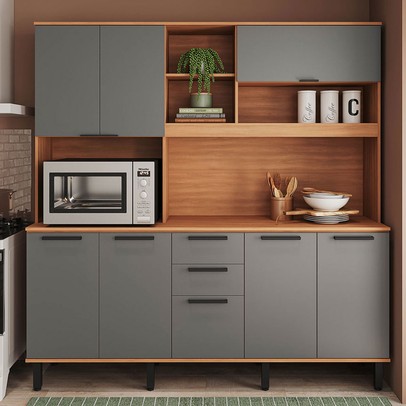 Cozinha Compacta Castanha 8 Portas 2 Gavetas Freijó/Cinza - Telasul