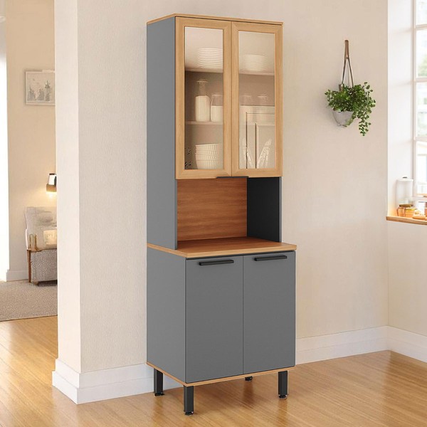 Paneleiro Castanha 4 Portas com Vidro Cinza/Freijó - Telasul