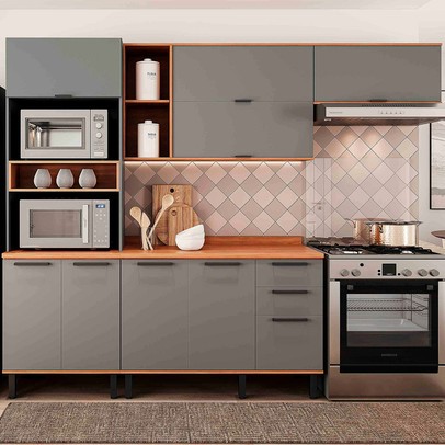 Cozinha Completa Castanha 9 Portas 2 Gavetas 915413 Cinza/Freijó - Telasul