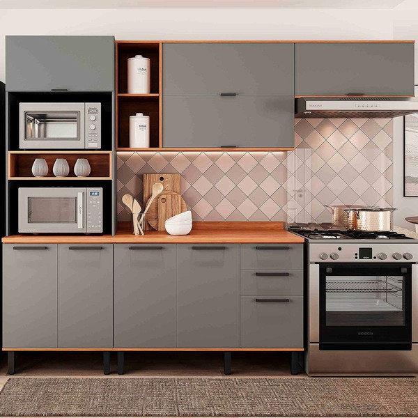 Cozinha Completa Castanha 9 Portas 2 Gavetas 915413 Cinza/Freijó - Telasul