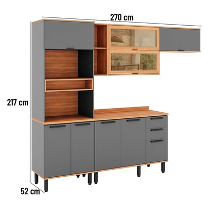 Cozinha Completa Castanha 9 Portas 2 Gavetas com Vidro Cinza/Freijó - Telasul