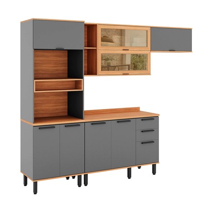 Cozinha Completa Castanha 9 Portas 2 Gavetas com Vidro Cinza/Freijó - Telasul