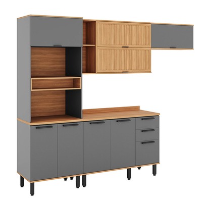 Cozinha Completa Castanha 9 Portas 2 Gavetas Ripado Cinza/Freijó - Telasul