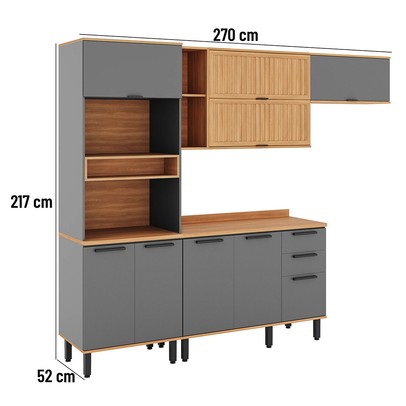 Cozinha Completa Castanha 9 Portas 2 Gavetas Ripado Cinza/Freijó - Telasul