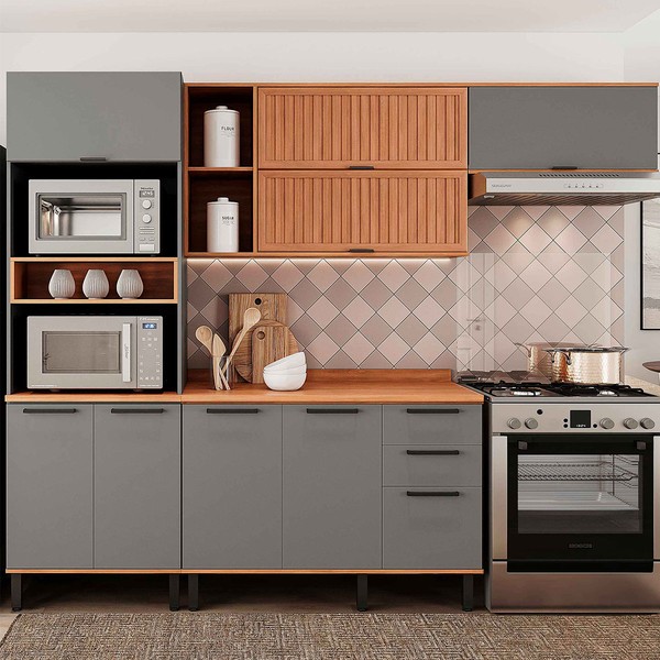 Cozinha Completa Castanha 9 Portas 2 Gavetas Ripado Cinza/Freijó - Telasul