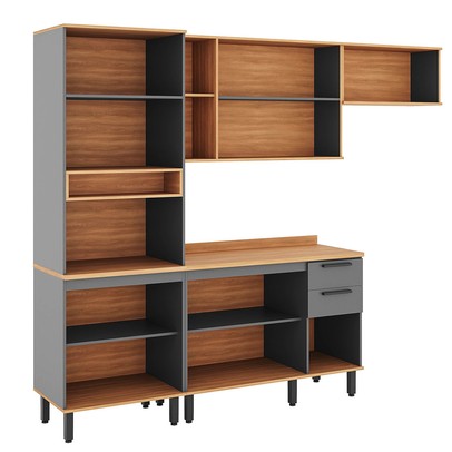 Cozinha Completa Castanha 9 Poras 2 Gavetas com Vidro Ripado 915418 Cinza/Freijó - Telasul