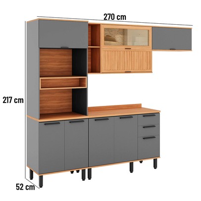 Cozinha Completa Castanha 9 Poras 2 Gavetas com Vidro Ripado 915418 Cinza/Freijó - Telasul