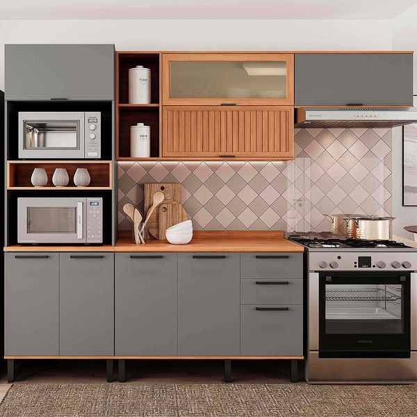 Cozinha Completa Castanha 9 Poras 2 Gavetas com Vidro Ripado 915418 Cinza/Freijó - Telasul