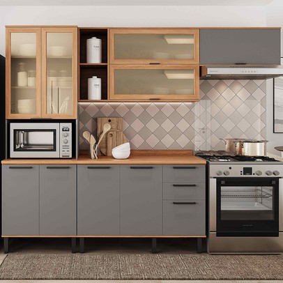 Cozinha Completa Castanha 10 Portas 2 Gavetas com Vidro Cinza/Freijó - Telasul