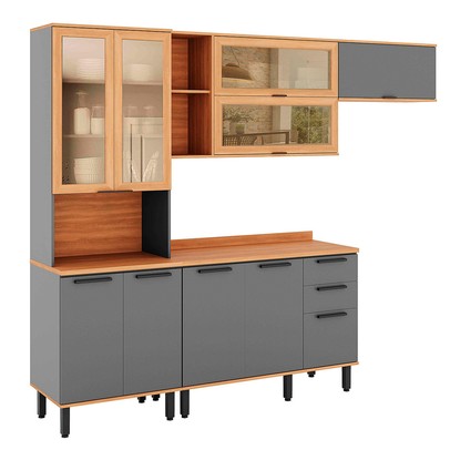 Cozinha Completa Castanha 10 Portas 2 Gavetas com Vidro Cinza/Freijó - Telasul