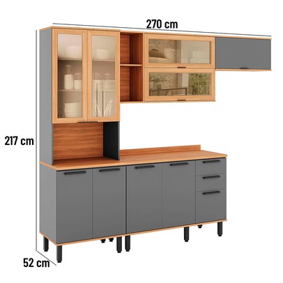 Cozinha Completa Castanha 10 Portas 2 Gavetas com Vidro Cinza/Freijó - Telasul