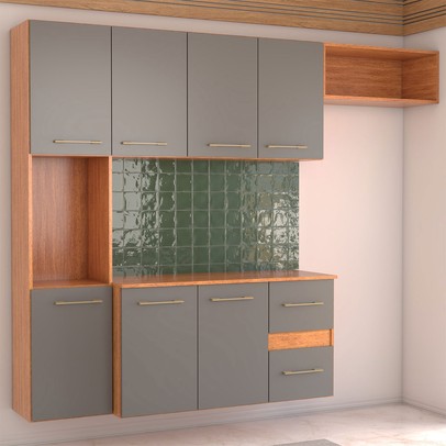 Armário de Cozinha com Balcão Maitê 7 Portas 2 Gaveta Cinamomo/Grafite - Panorama Móveis