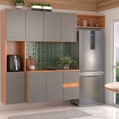 Armário de Cozinha com Balcão Maitê 7 Portas 2 Gaveta Cinamomo/Grafite - Panorama Móveis