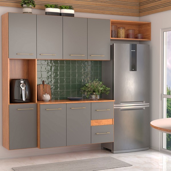 Armário de Cozinha com Balcão Maitê 7 Portas 2 Gaveta Cinamomo/Grafite - Panorama Móveis