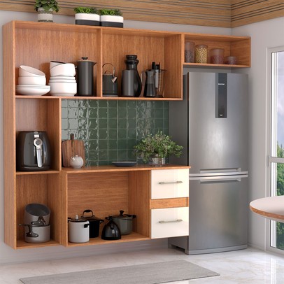 Armário de Cozinha com Balcão Maitê 7 Portas 2 Gaveta Cinamomo/Off White - Panorama Móveis