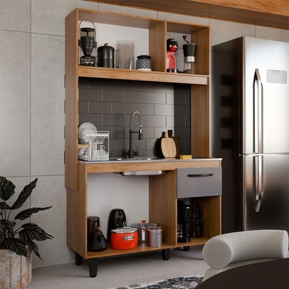 Cozinha Compacta Isis 4 Portas 1 Gaveta Freijó/Cinza - Panorama Móveis