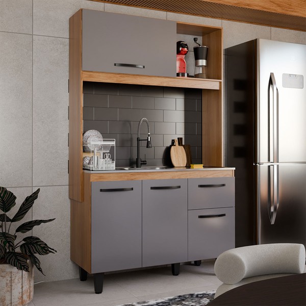 Cozinha Compacta Isis 4 Portas 1 Gaveta Freijó/Cinza - Panorama Móveis