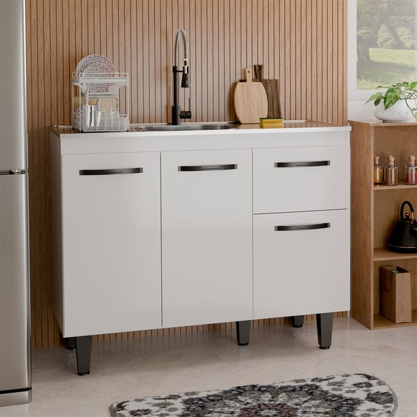 Balcão de Cozinha para Pia Letícia 3 Portas 1 Gaveta Branco - Panorama Móveis