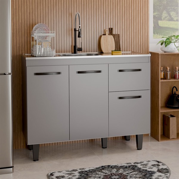 Balcão de Cozinha para Pia Letícia 3 Portas 1 Gaveta Cinza - Panorama Móveis