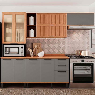 Cozinha Completa Castanha 10 Portas 2 Gavetas com Vidro Ripado Cinza/Freijó - Telasul