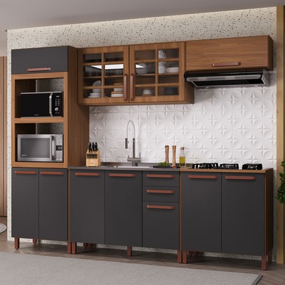 Cozinha Completa Monza 11 Portas 2 Gavetas com Vidro 6172.160 Freijó/Chumbo - Indekés