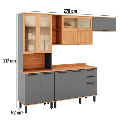 Cozinha Completa Castanha 10 Portas 2 Gavetas com Vidro Ripado Cinza/Freijó 915428 - Telasul