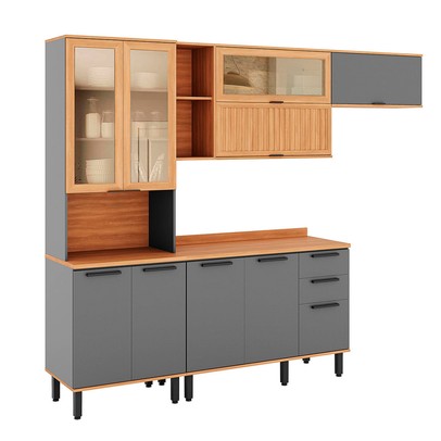 Cozinha Completa Castanha 10 Portas 2 Gavetas com Vidro Ripado Cinza/Freijó 915428 - Telasul