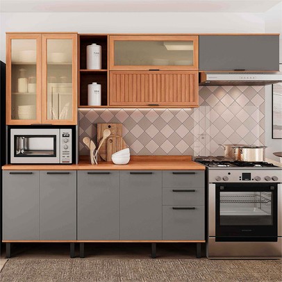 Cozinha Completa Castanha 10 Portas 2 Gavetas com Vidro Ripado Cinza/Freijó 915428 - Telasul