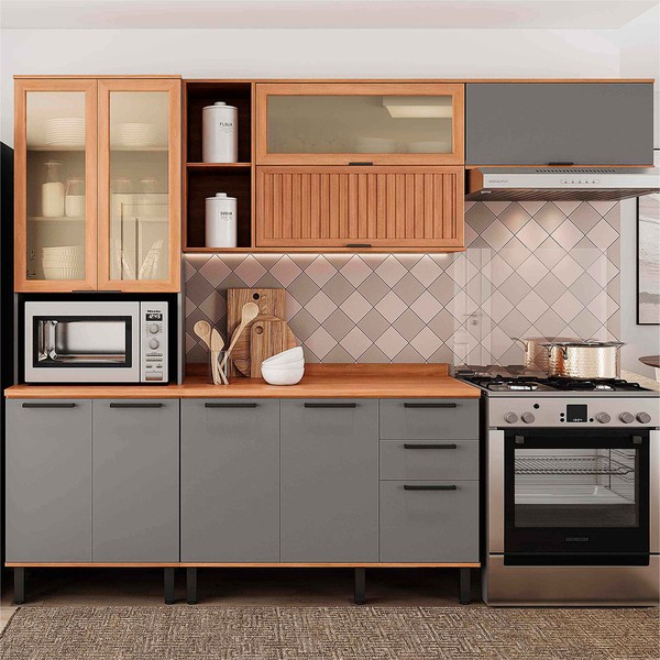 Cozinha Completa Castanha 10 Portas 2 Gavetas com Vidro Ripado Cinza/Freijó 915428 - Telasul
