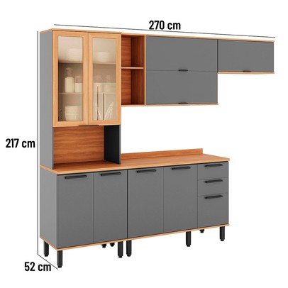Cozinha Completa Castanha 10 Portas 2 Gavetas com Vidro 915429 Cinza/Freijó - Telasul