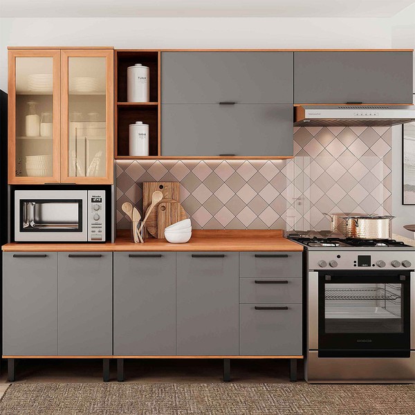 Cozinha Completa Castanha 10 Portas 2 Gavetas com Vidro 915429 Cinza/Freijó - Telasul