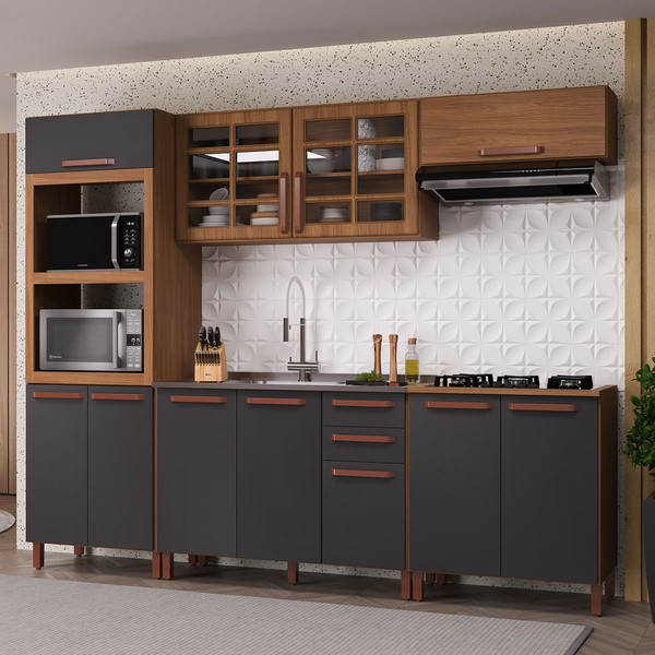 Cozinha Completa Monza 11 Portas 2 Gavetas com Vidro 6172.161 Freijó/Chumbo - Indékes