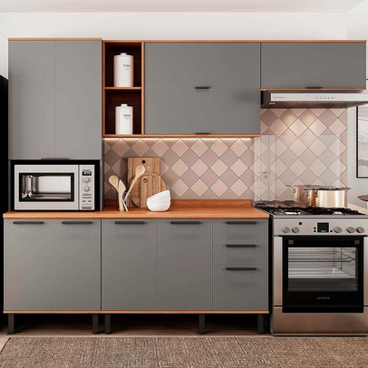 Cozinha Completa Castanha 10 Portas 2 Gavetas 915433 Cinza/Freijó - Telasul