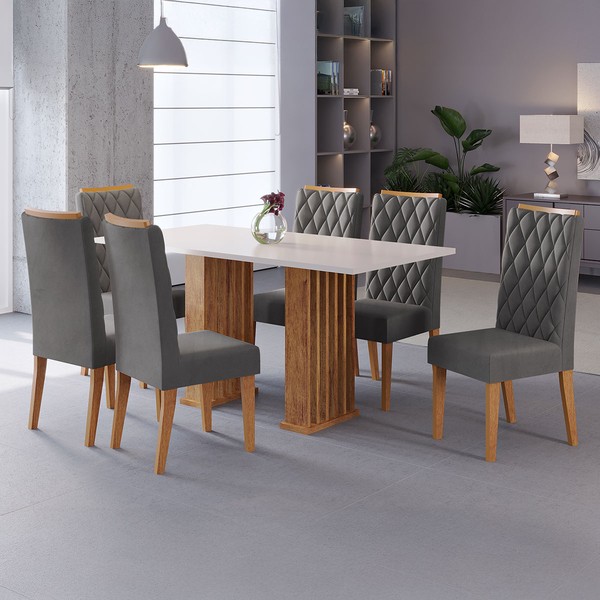 Mesa de Jantar 6 Lugares Azura Ripado Mel/Blonde/Cinza - Viero Móveis