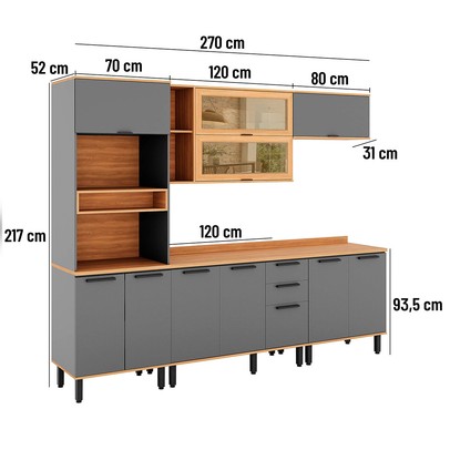 Cozinha Completa Castanha 11 Portas 2 Gavetas com Vidro 915445 Cinza/Freijó - Telasul