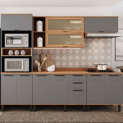 Cozinha Completa Castanha 11 Portas 2 Gavetas com Vidro 915445 Cinza/Freijó - Telasul