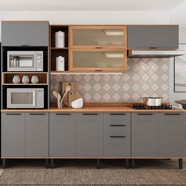 Cozinha Completa Castanha 11 Portas 2 Gavetas com Vidro 915445 Cinza/Freijó - Telasul
