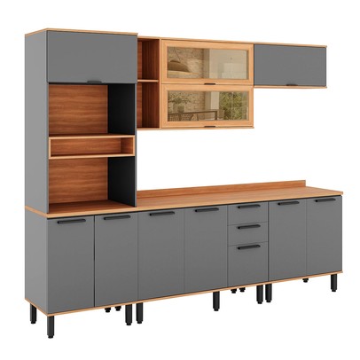 Cozinha Completa Castanha 11 Portas 2 Gavetas com Vidro 915445 Cinza/Freijó - Telasul