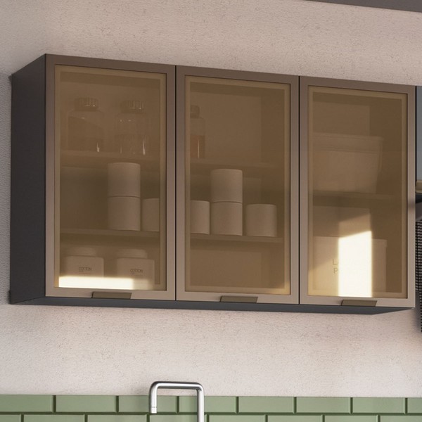 Armário Aéreo Cozinha Greta 3 Portas com Vidro Cinza - Irm Móveis